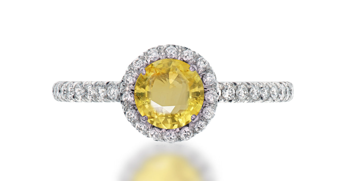 39 custom made unique round yellow sapphire center stone with intricate diamond accent halo engagement ring