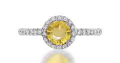 39 custom made unique round yellow sapphire center stone with intricate diamond accent halo engagement ring