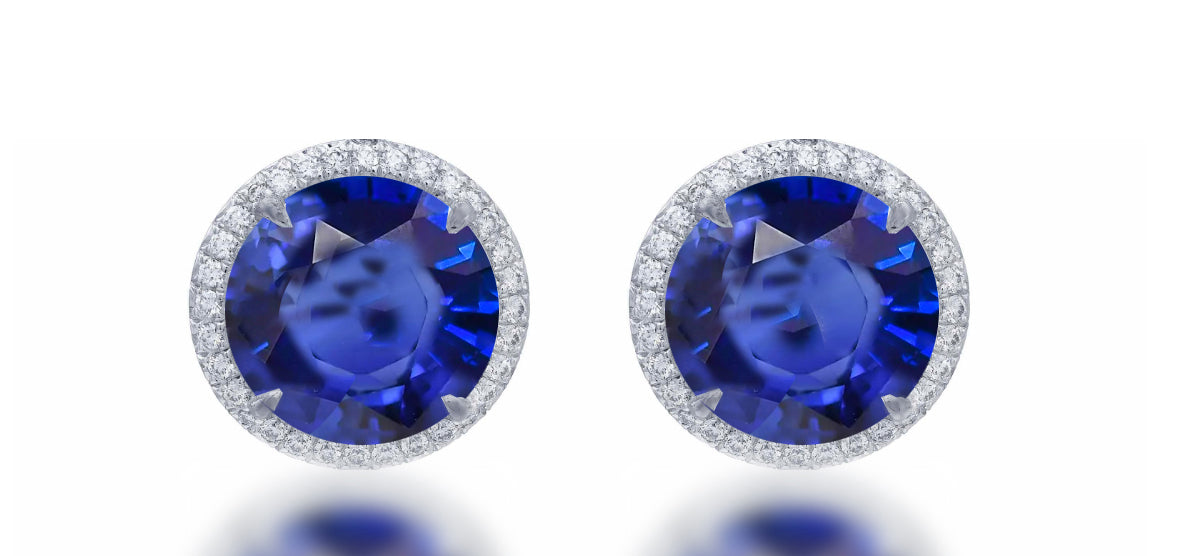 4 custom unique round blue sapphire and diamond halo earrings