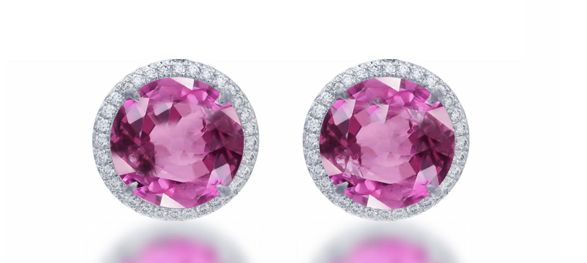 4 custom unique round pink sapphire and diamond halo earrings