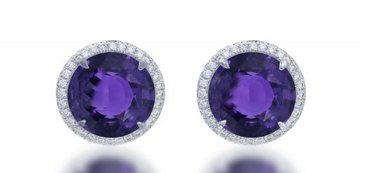 4 custom unique round purple sapphire and diamond halo earrings