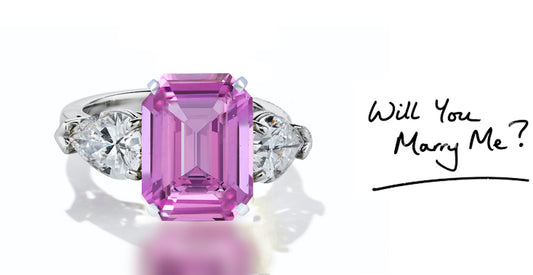 40 custom made unique emerald cut pink sapphire center stone with pear diamond accents three stone engagement ring