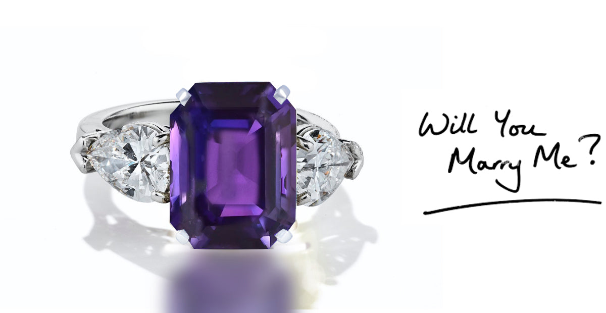 40 custom made unique emerald cut purple sapphire center stone with pear diamond accents three stone engagement ring