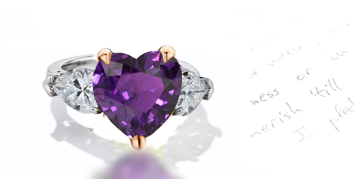 41 custom made unique heart purple sapphire center stone with pear diamond accents three stone engagement ring