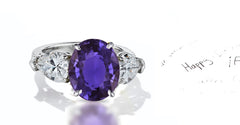 42 custom made unique oval purple sapphire center stone with pear diamond accents three stone engagement ring