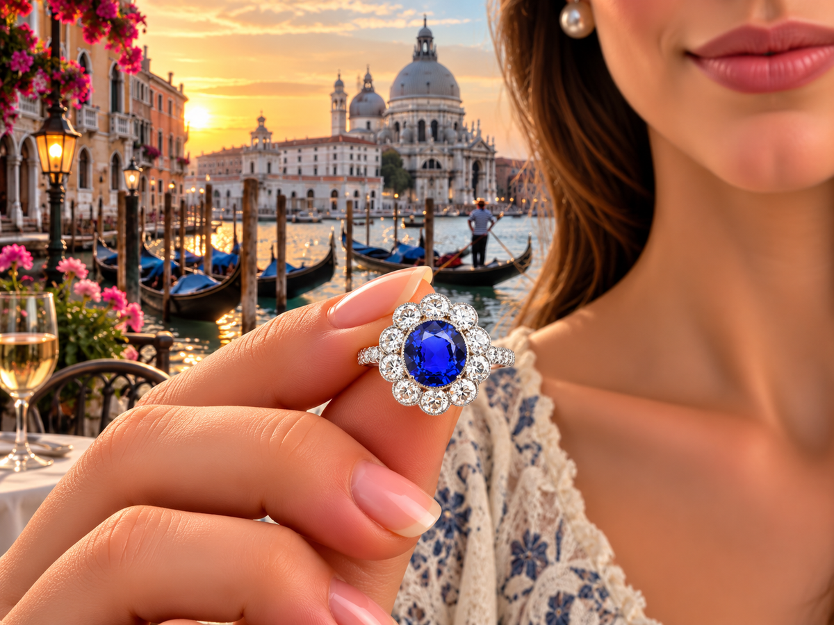 1210 custom made vintage inspired blue sapphire and diamond floral halo engagement rings