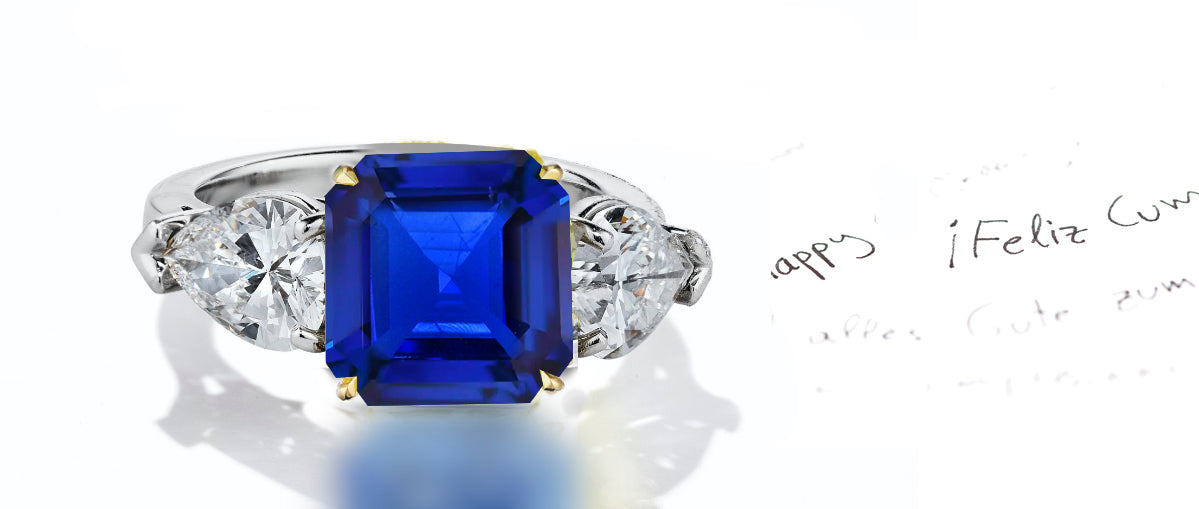 44 custom made unique square asscher blue sapphire center stone with pear diamond accents three stone engagement ring