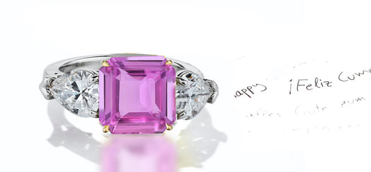 44 custom made unique square asscher pink sapphire center stone with pear diamond accents three stone engagement ring