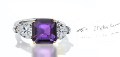 44 custom made unique square asscher purple sapphire center stone with pear diamond accents three stone engagement ring