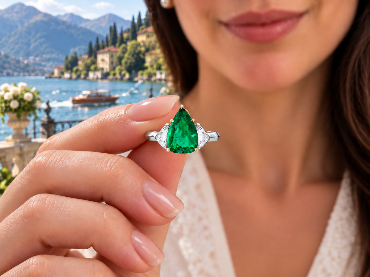 1 custom made unique pear emerald center stone with trillion diamond accents three stone engagement ring