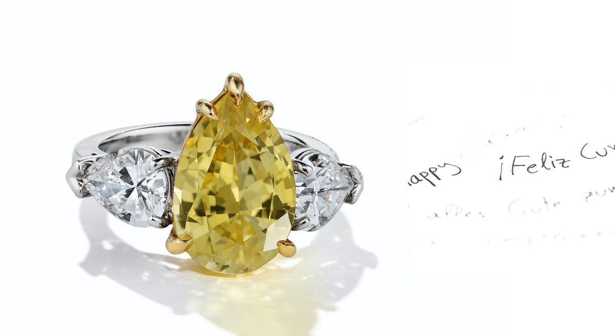 45 custom made unique pear yellow sapphire center stone with pear diamond accents three stone engagement ring