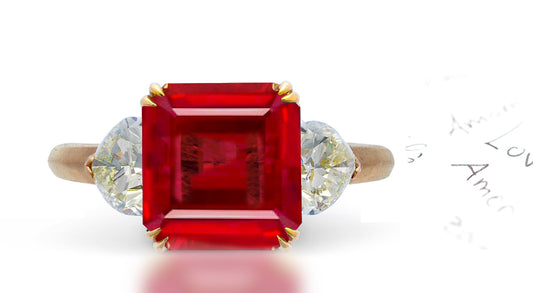 48 custom made unique asscher cut ruby center stone with heart diamond accents three stone engagement ring