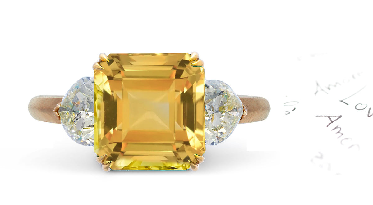 48 custom made unique asscher cut yellow sapphire center stone with heart diamond accents three stone engagement ring