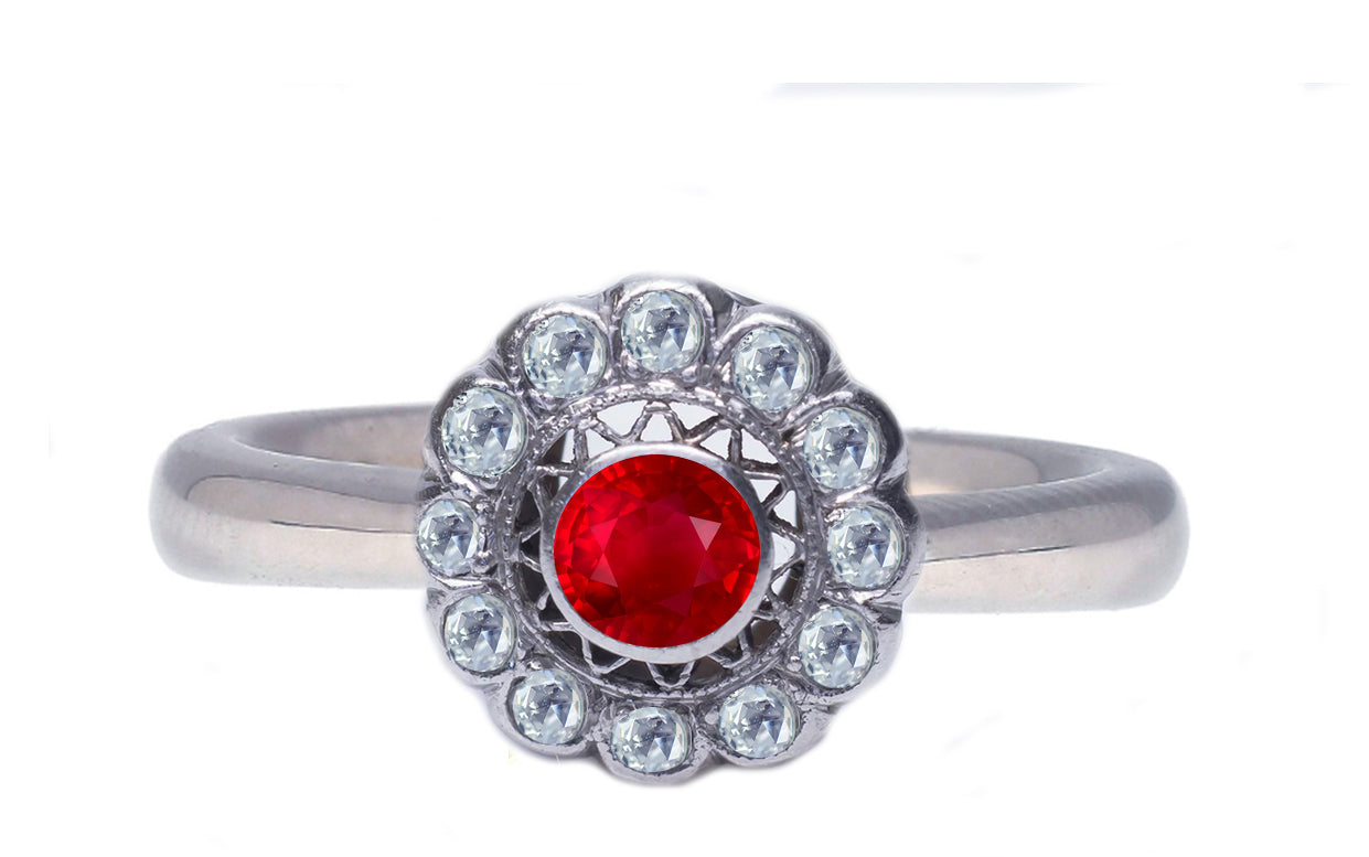 5 custom made ruby and diamond flower halo engagement rings