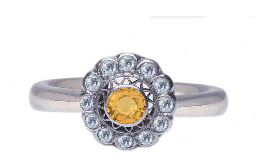 5 custom made yellow sapphire and diamond flower halo engagement rings