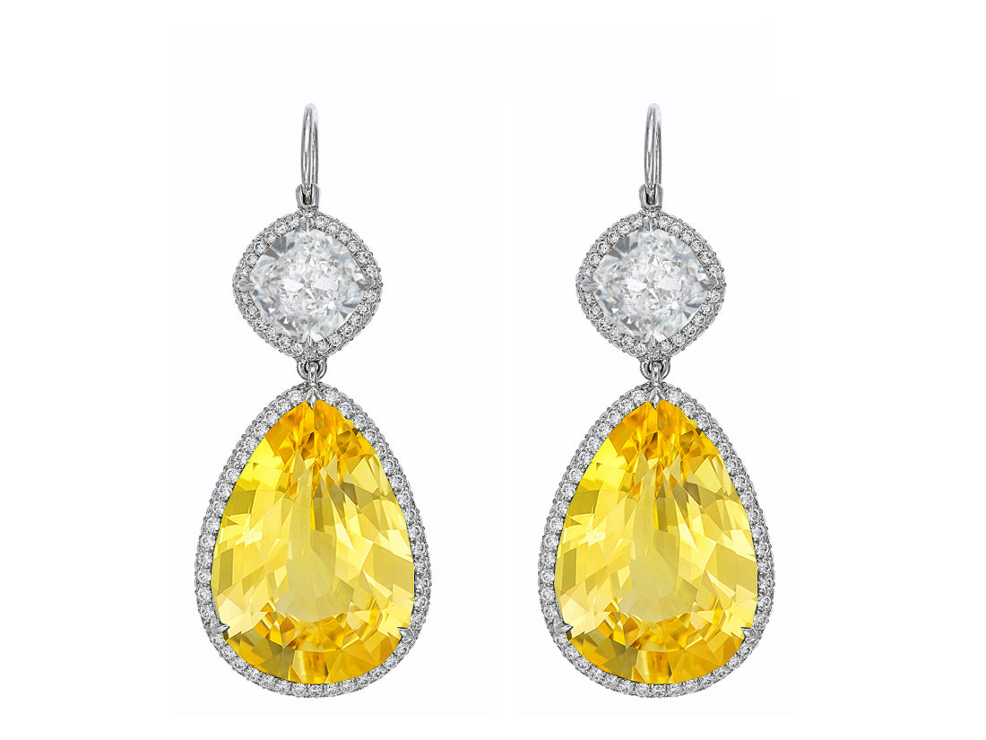 5 custom unique round pears yellow sapphire and diamond halo earrings