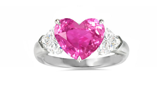 501 custom made unique heart pink sapphire center and heart diamond accents three stone engagement ring