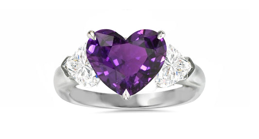 501 custom made unique heart purple sapphire center and heart diamond accents three stone engagement ring