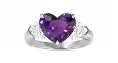 501 custom made unique heart purple sapphire center and heart diamond accents three stone engagement ring