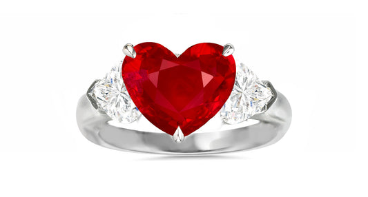 501 custom made unique heart ruby center and heart diamond accents three stone engagement ring