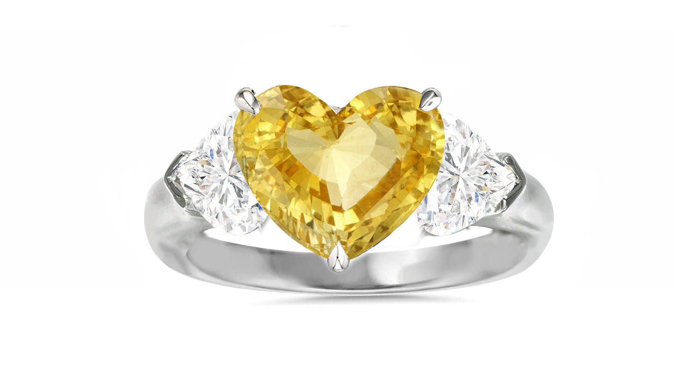 501 custom made unique heart yellow sapphire center and heart diamond accents three stone engagement ring