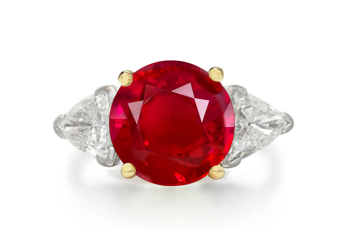 501 custom made unique round ruby center stone and trillion diamond accents three stone engagement ring