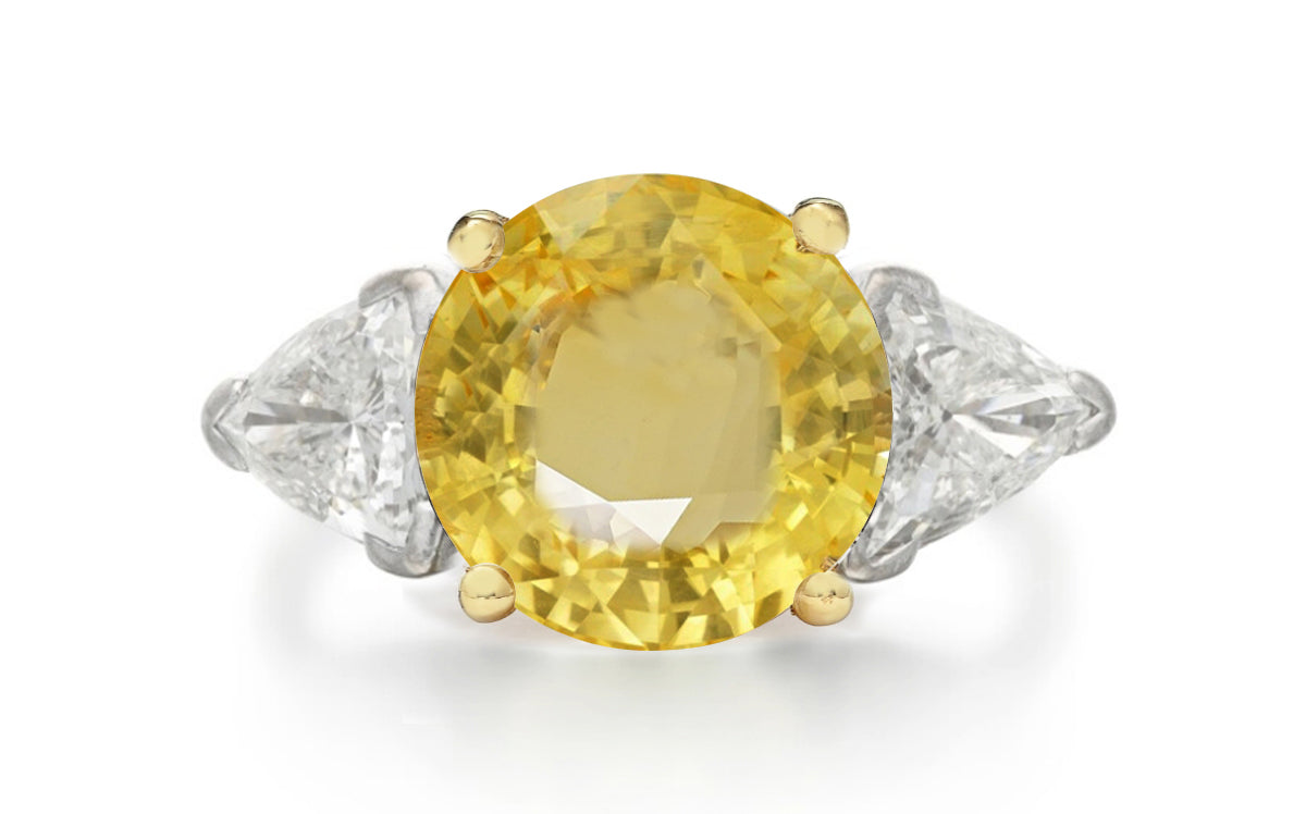 501 custom made unique round yellow sapphire center stone and trillion diamond accents three stone engagement ring