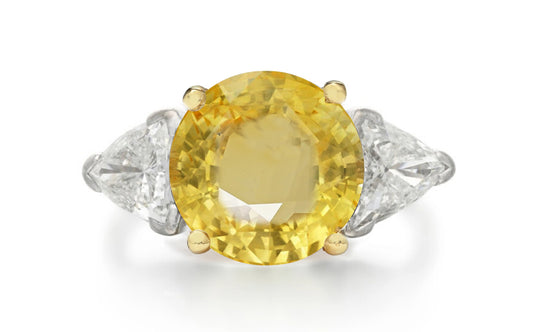 501 custom made unique round yellow sapphire center stone and trillion diamond accents three stone engagement ring