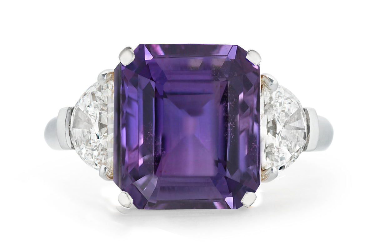 502 custom made unique emerald cut purple sapphire center stone and half moon diamond accents three stone engagement ring