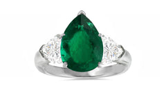 502 custom made unique pear emerald center and heart diamond accents three stone engagement ring