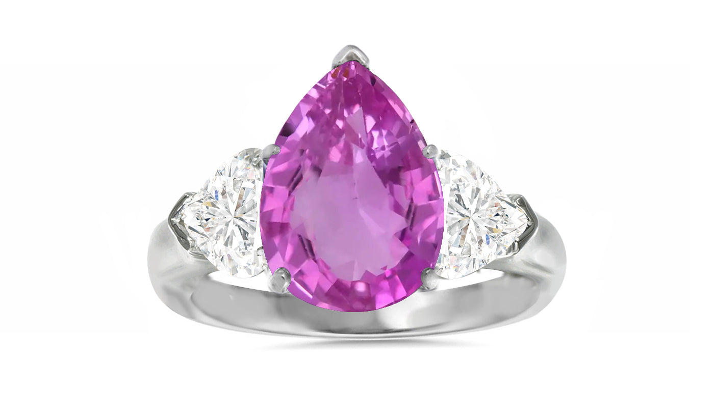 502 custom made unique pear pink sapphire center and heart diamond accents three stone engagement ring