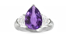 502 custom made unique pear purple sapphire center and heart diamond accents three stone engagement ring