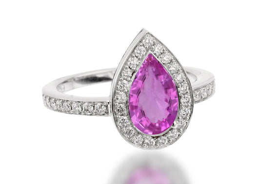 503 custom made unique pear pink sapphire center stone and diamond halo engagement ring