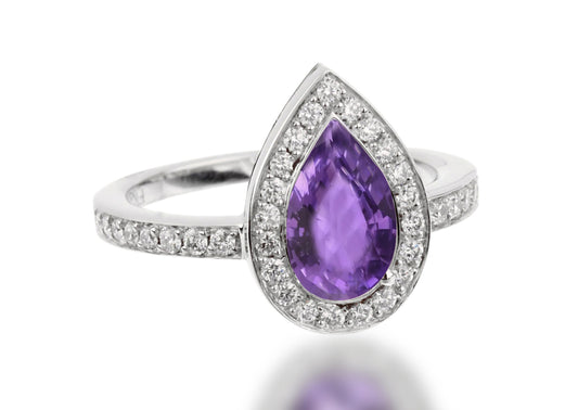 503 custom made unique pear purple sapphire center stone and diamond halo engagement ring