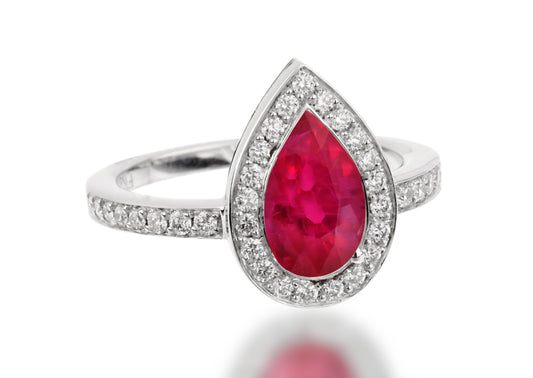 503 custom made unique pear ruby center stone and diamond halo engagement ring