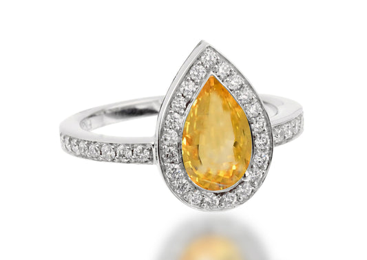 503 custom made unique pear yellow sapphire center stone and diamond halo engagement ring