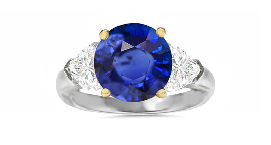 503 custom made unique round blue sapphire center and heart diamond accents three stone engagement ring