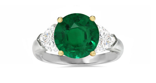 503 custom made unique round emerald center and heart diamond accents three stone engagement ring