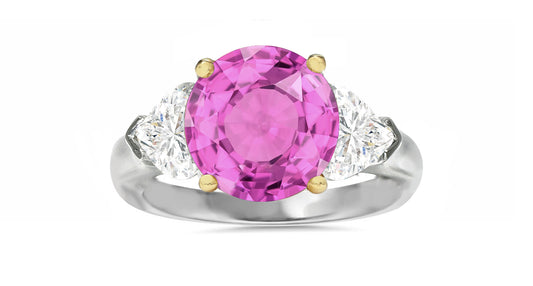 503 custom made unique round pink sapphire center and heart diamond accents three stone engagement ring