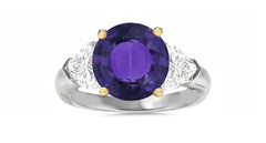 503 custom made unique round purple sapphire center and heart diamond accents three stone engagement ring