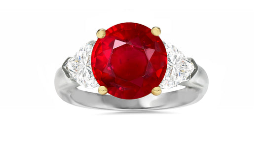 503 custom made unique round ruby center and heart diamond accents three stone engagement ring