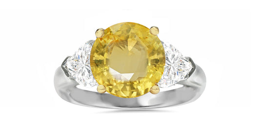 503 custom made unique round yellow sapphire center and heart diamond accents three stone engagement ring