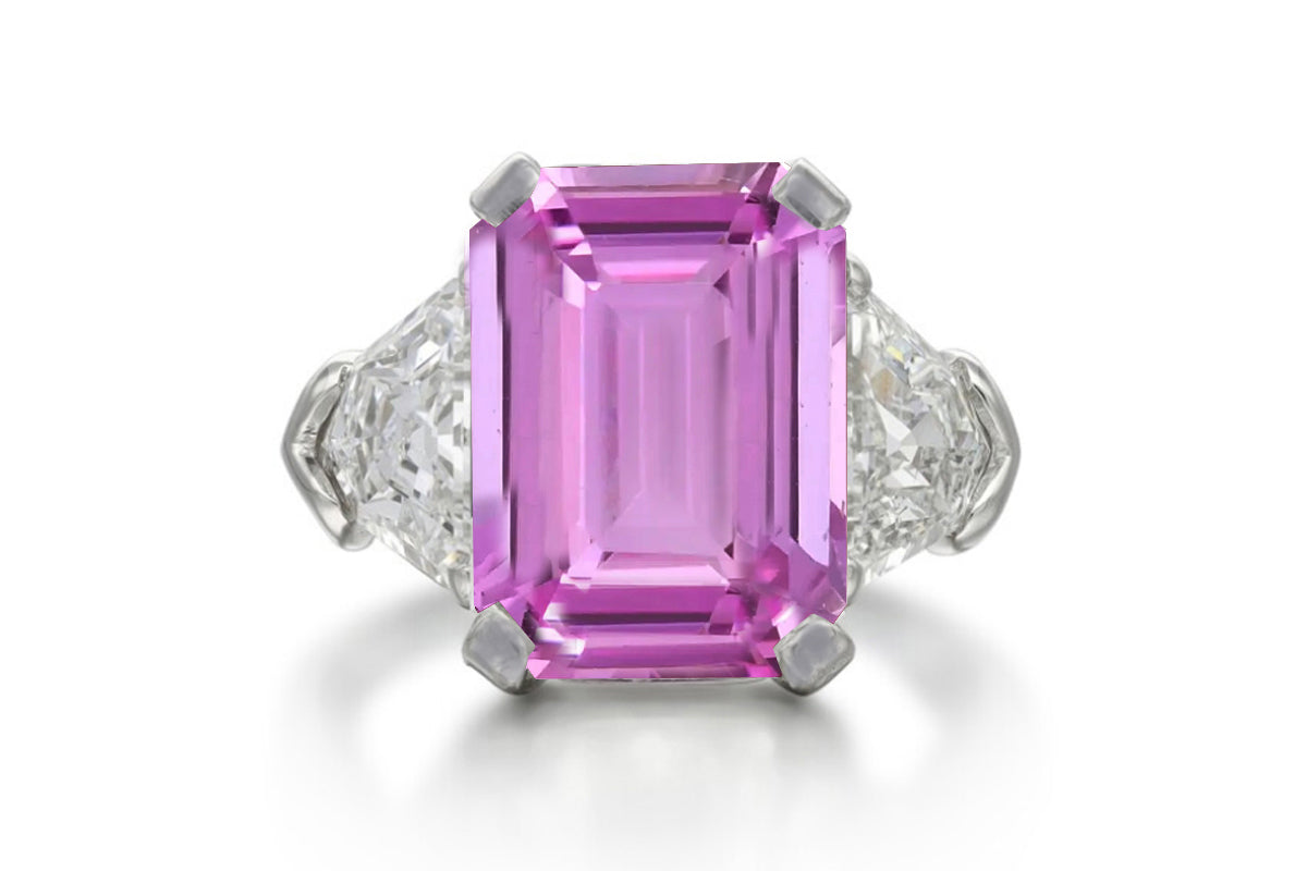 504 custom made unique emerald cut pink sapphire center stone and fancy diamond accents three stone engagement ring