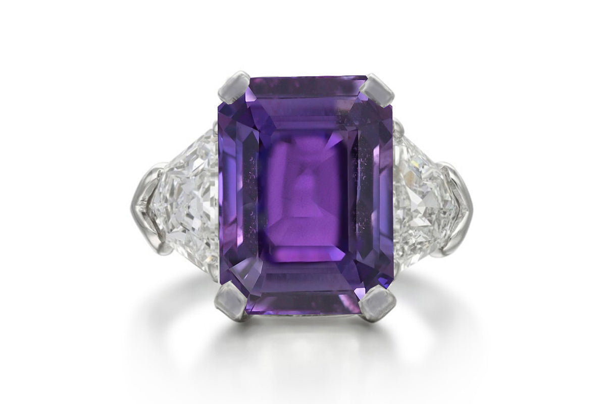 504 custom made unique emerald cut purple sapphire center stone and fancy diamond accents three stone engagement ring