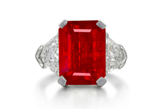 504 custom made unique emerald cut ruby center stone and fancy diamond accents three stone engagement ring