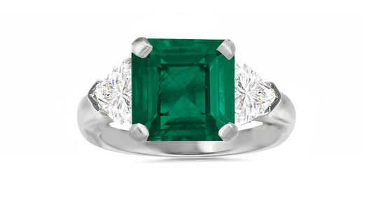 504 custom made unique square emerald center and heart diamond accents three stone engagement ring