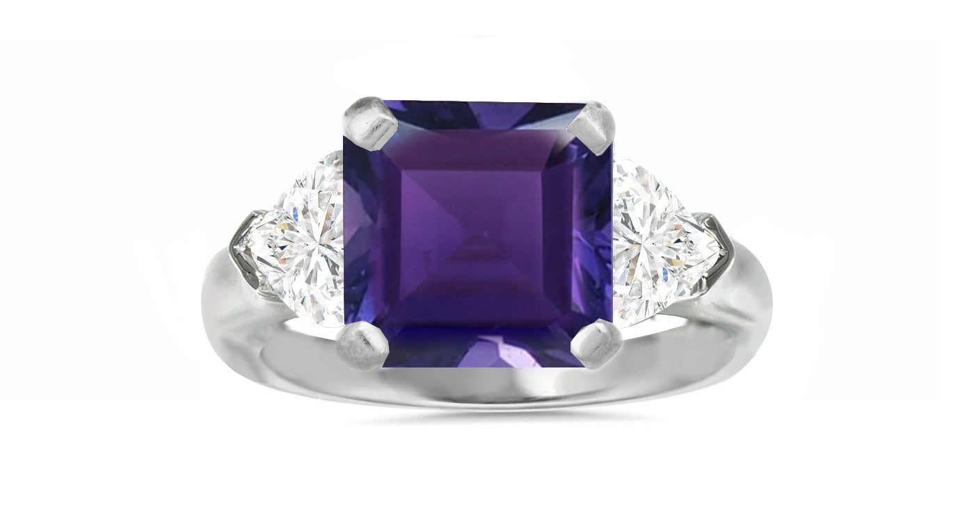 504 custom made unique square purple sapphire center and heart diamond accents three stone engagement ring