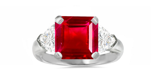 504 custom made unique square ruby center and heart diamond accents three stone engagement ring