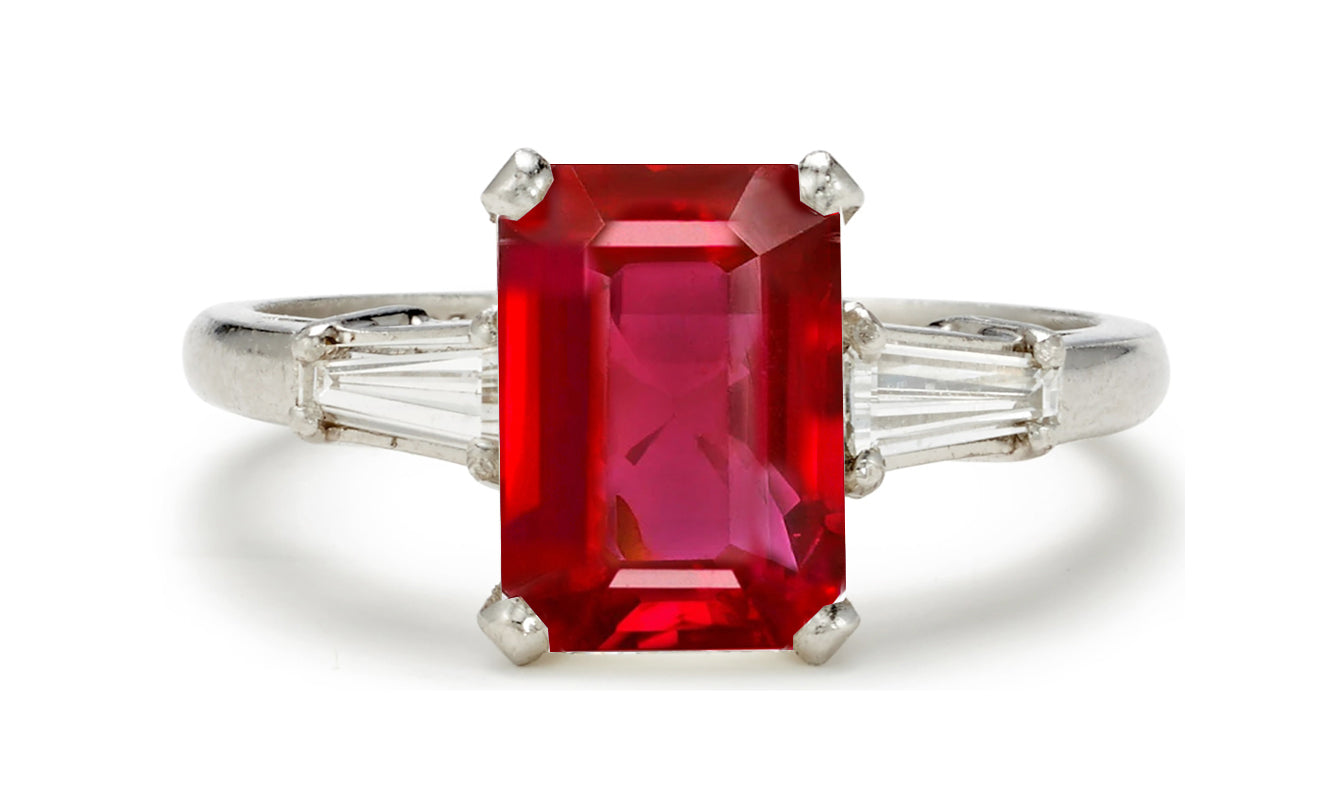 505 custom made unique emerald cut ruby center stone and baguette diamond accents three stone engagement ring