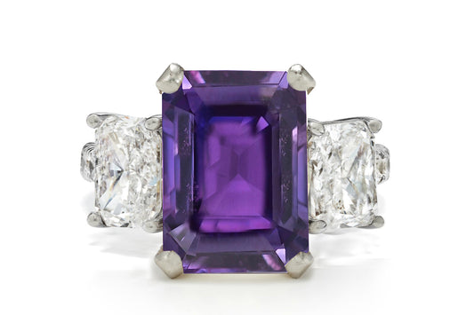 506 custom made unique emerald cut purple sapphire center stone and asscher cut diamond accents three stone engagement ring